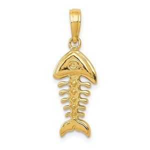 14k Yellow Gold Polished 3-D Fish Bone Necklace Charm Pendant
